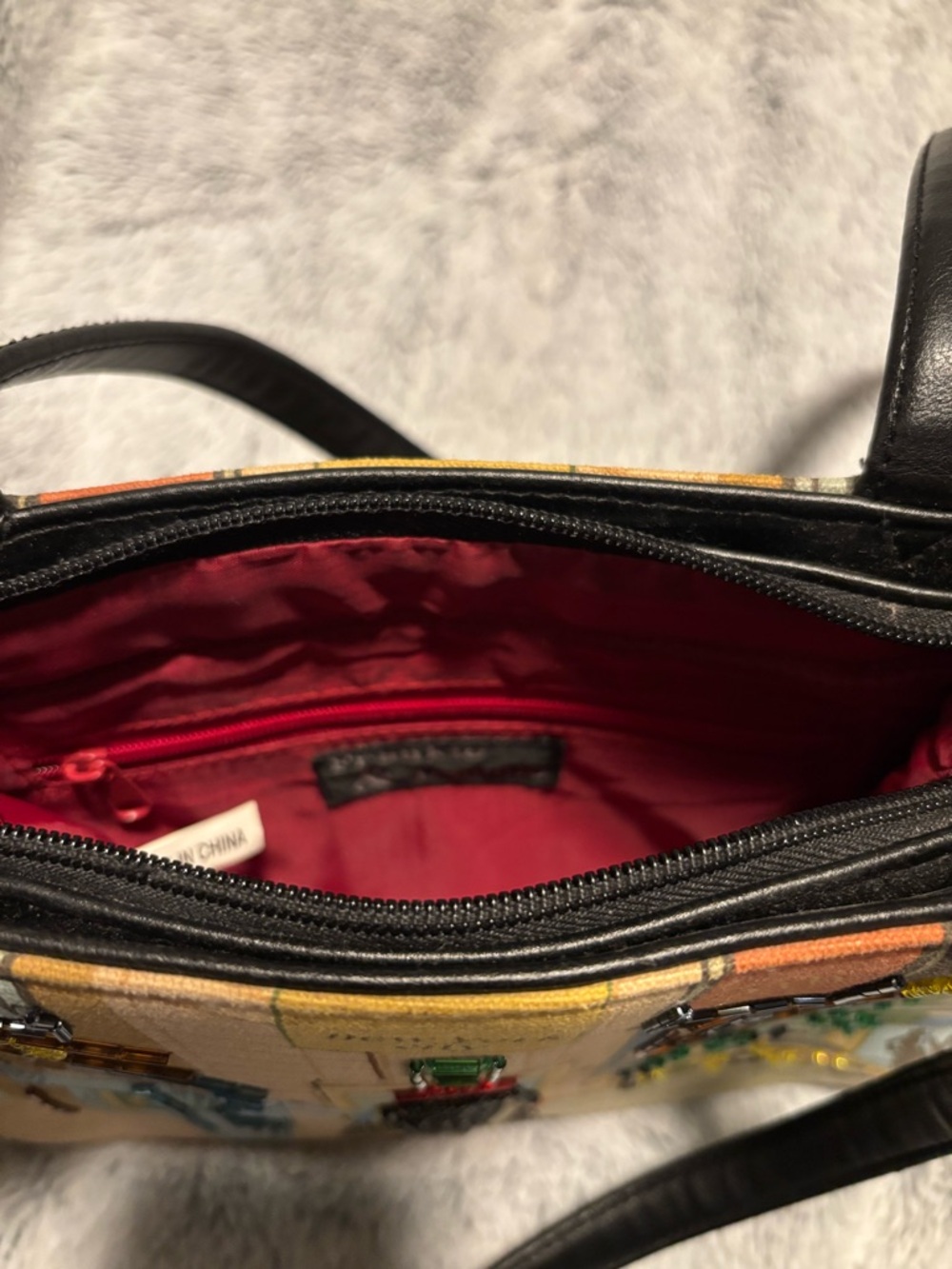 Embroidered City-Scene Shoulder Bag in Beige and Black - Picture 9 of 11